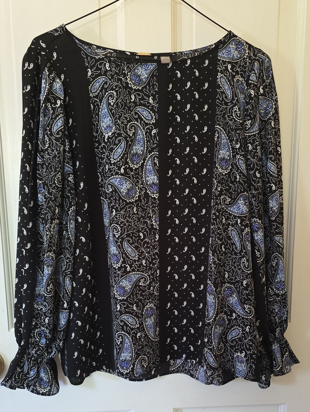 T Tahari Black Paisley Long Sleeve Blouse with Blue Accents Size M